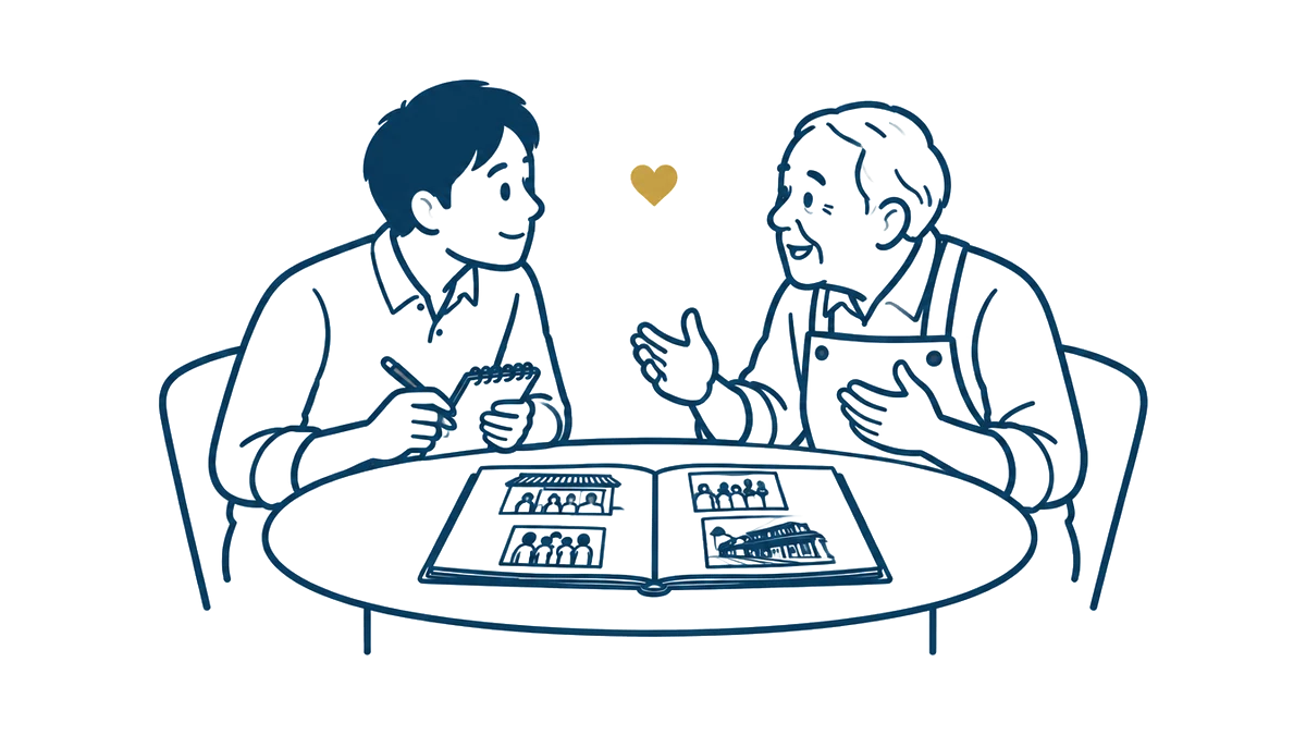 お店の人の話を、身を乗り出して聞いている絵