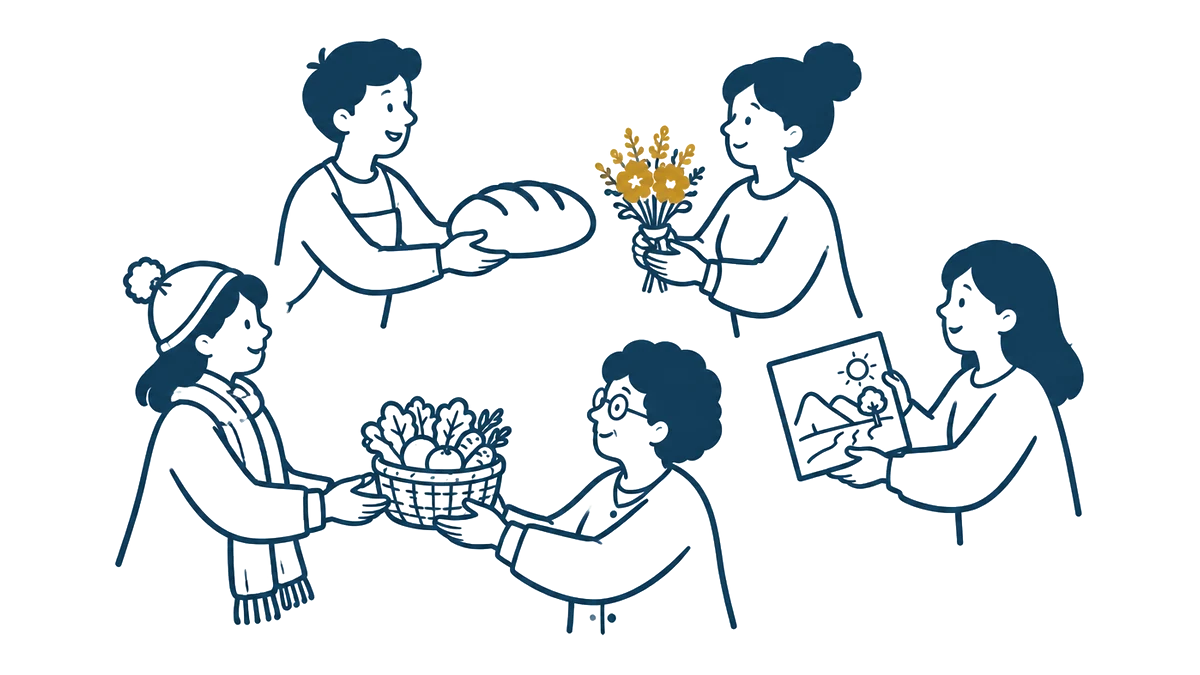 得意なことでつくった物を、輪になって渡し合う人たちの絵