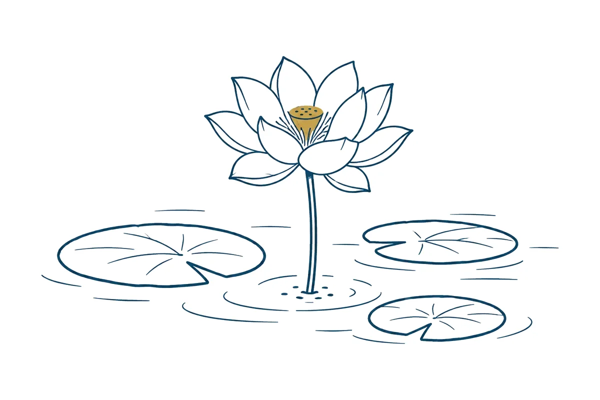 静かな池に一輪の蓮の花が咲いている線画。花の中心だけが金色