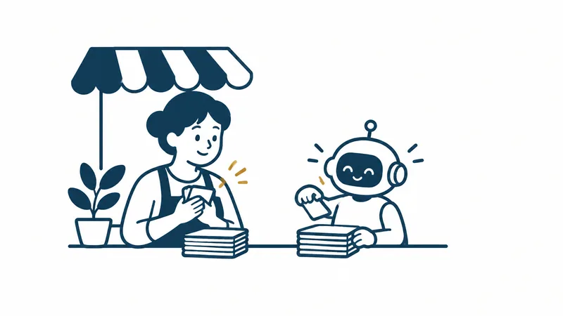 お店のテーブルで、店主と小さなロボットが並んで、仕事のカードをそれぞれの山に分けている絵