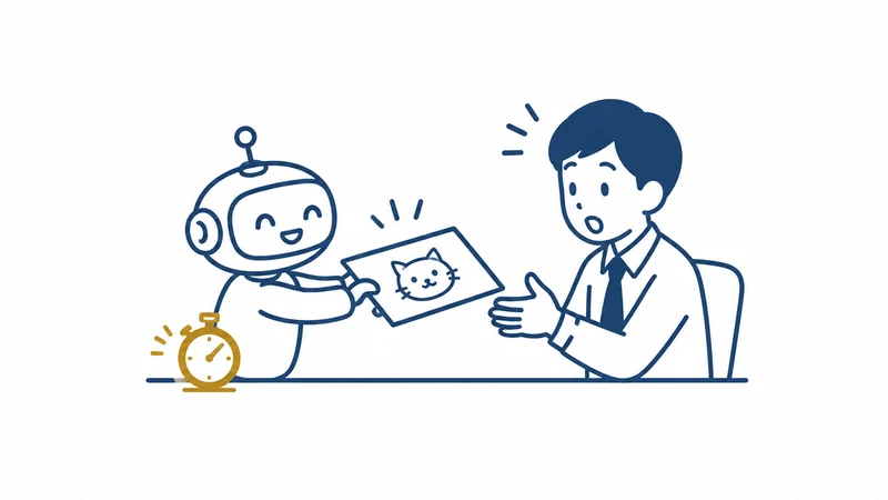 ロボットがあっという間に案を仕上げ、人が驚いて受け取る絵