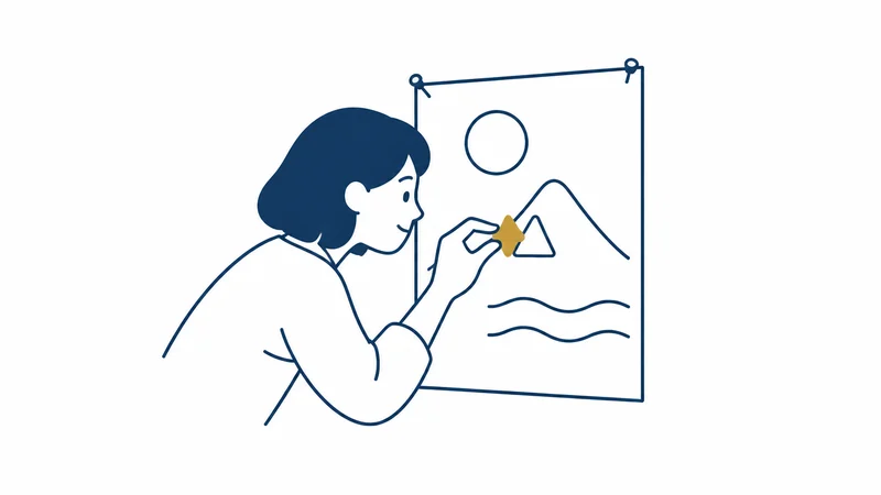 仕上がりかけた紙に、人が最後の小さな一片を丁寧に合わせる絵