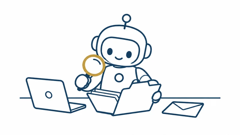 ロボットがフォルダや封筒、パソコンを道具として使って働く絵
