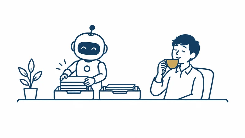 ロボットが書類を仕分け、社長がお茶を飲みながら見ている絵