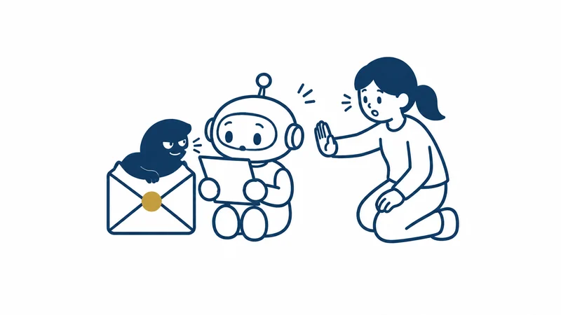 届いた手紙に紛れた指示に、ロボットが気を取られそうになる絵
