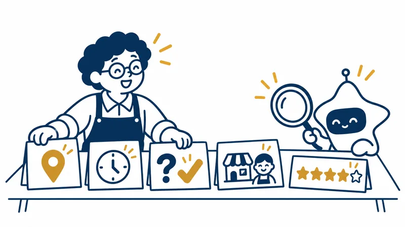 エプロンと丸めがねの店主が、机の上にカードを並べている。地図のピン、時計、はてなとチェックのしるし、お店と店員さんの絵、星の評価。右から、星の形のAIのキャラクターが虫めがねでカードをうれしそうにのぞいている絵