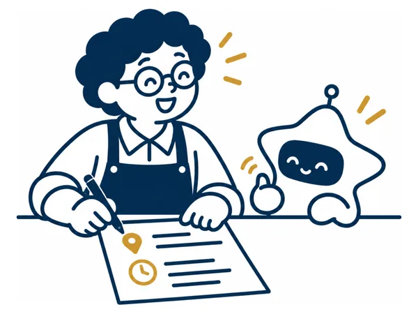 丸めがねのお店の人が、地図のピンと時計の印のある紙に情報を書き、横で星の形のAIがにっこりしている