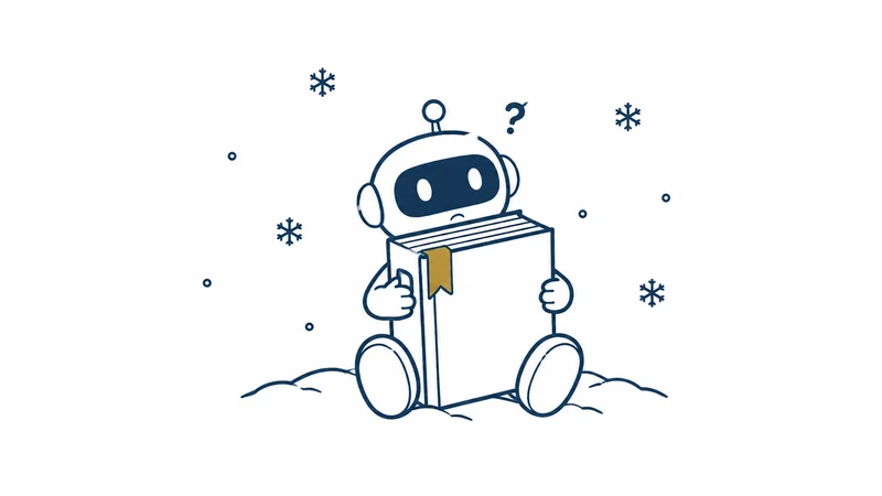 雪の中、分厚いマニュアルを抱えて困っているロボットの絵