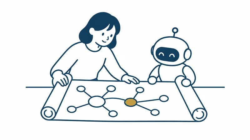 人とロボットが大きな設計図を広げて見ている絵