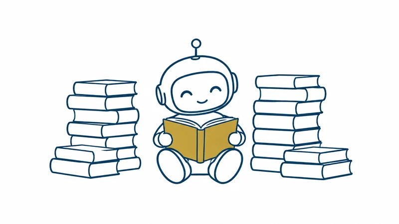 高く積まれた本に囲まれて、ロボットが読みふける絵