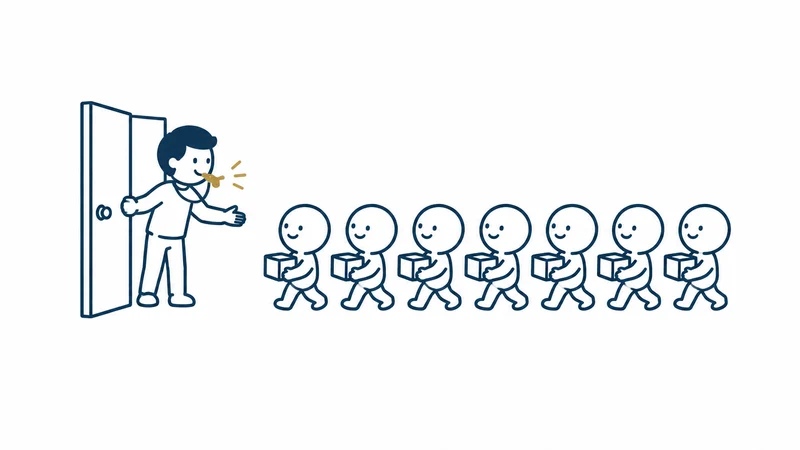 大勢の小さな担当者が一斉に箱を運び込むのを、人が見守る絵