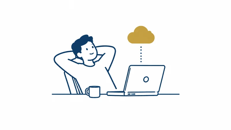 いまのパソコンからクラウドのAIを使い、くつろいで仕事をする人の絵