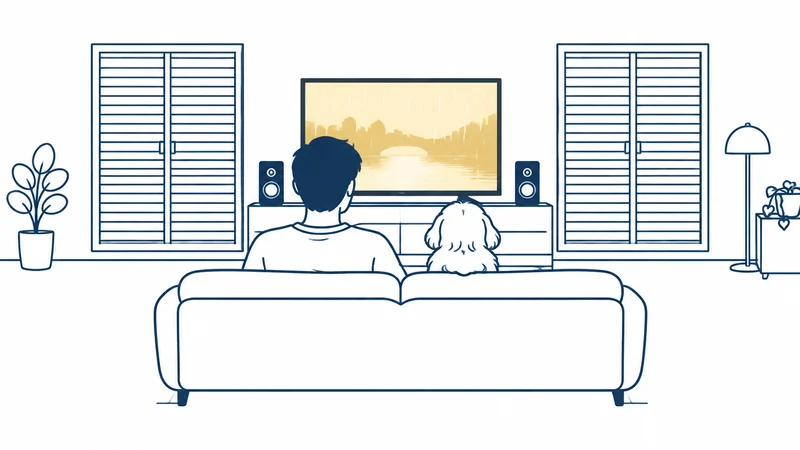 雨戸を閉めたリビングで、スピーカーをつないだテレビの映画を、男性とマルチーズが並んで観る後ろ姿の絵
