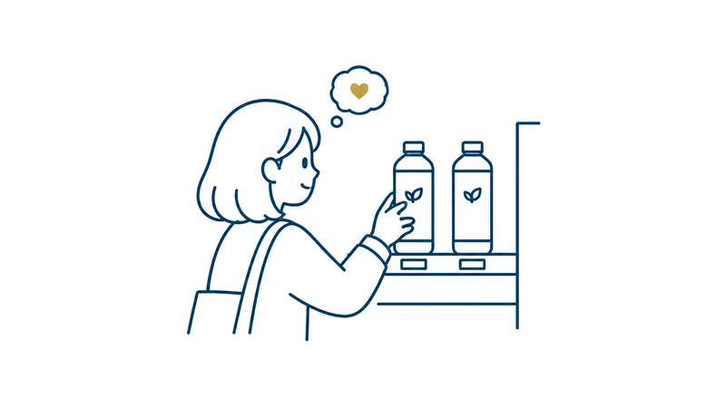 同じような2本のお茶から、なんとなく片方を手に取る人の絵