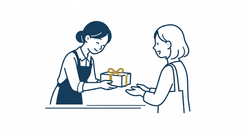 店の人がていねいに包んだ品物をお客さんに手渡す絵