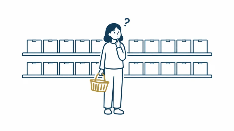 同じ形の箱がならぶ棚の前で、どれを選ぶか迷う人の絵