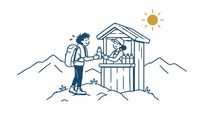 山頂の売店で、疲れた登山者が水を買ってほっとする絵