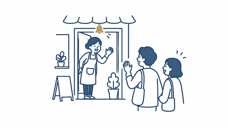 常連のお客さんが友だちを連れて、またお店にやってくる絵