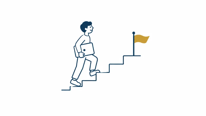 パソコンを抱えて、一段ずつ階段をのぼっていく人の絵