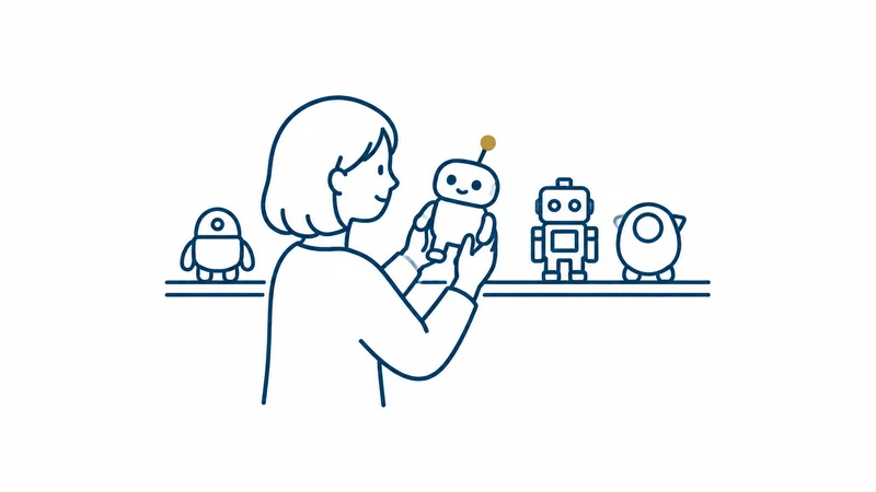 棚のロボットから、仕事に合う1体を選ぶ人の絵