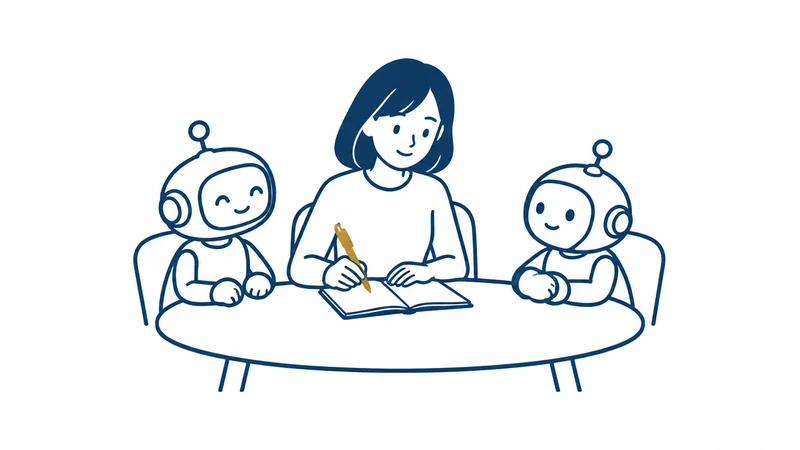 人とロボット2体が同じテーブルで会議をしている絵