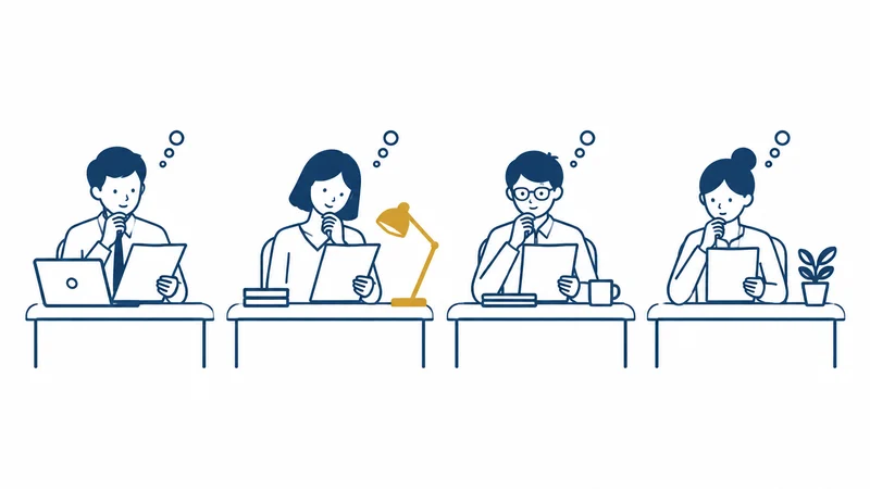 4人の担当者がそれぞれ書類を読み、手分けして考える絵