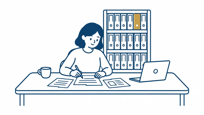 広い作業机で書類を広げる人と、うしろの書類棚の絵