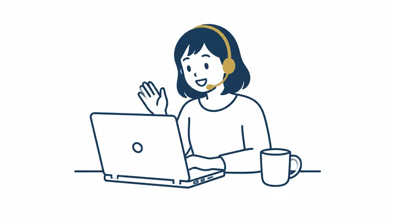 少し古いパソコンでオンライン会議を楽しむ人の絵