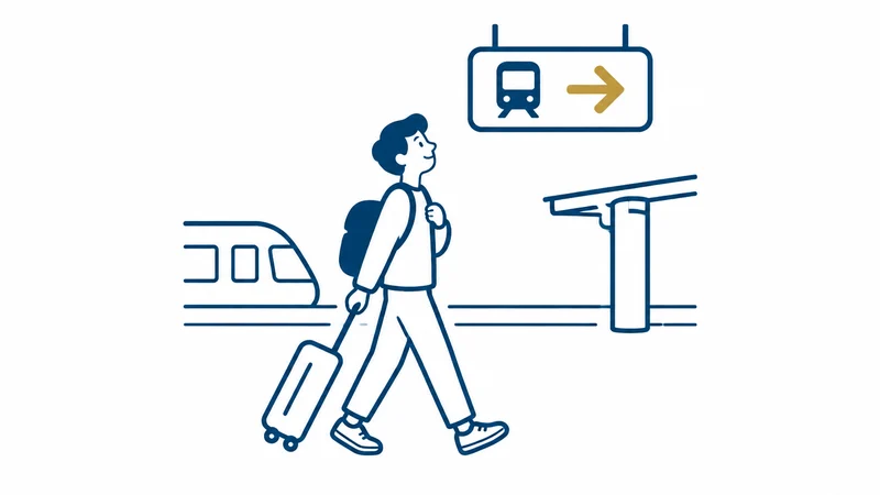 駅の案内の矢印を見て、迷わず進む人の絵