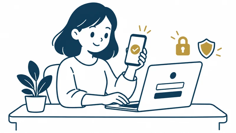 お店の人がノートパソコンでログインしながら、もう片方の手のスマホで確認している。近くに金色の鍵と盾が浮かんでいる絵