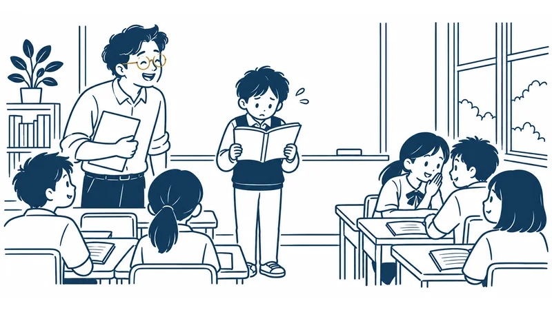 教室で、教科書を持って立った生徒が、小さな声で緊張しながら音読している。まわりの生徒は席に座っている絵