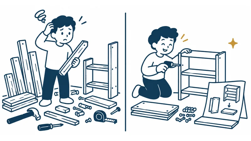 左は板と道具に囲まれて一から棚を作ろうとして頭をかく人。右は絵の説明書を見ながら組み立て式の棚をうれしそうに仕上げる人の絵