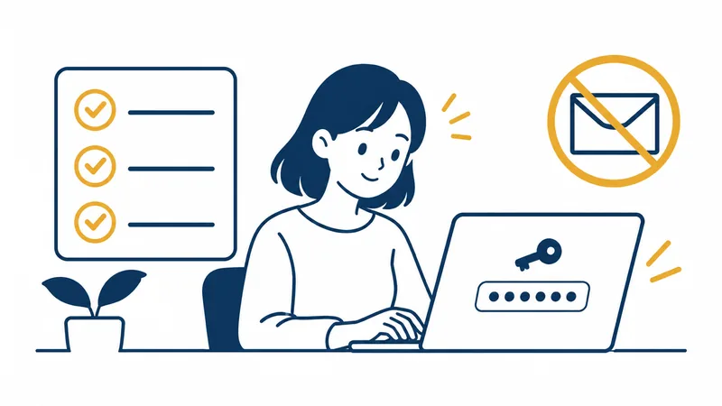 パソコンでパスワードを変えている人。画面には点と鍵のマーク。横に3つのチェックが入った表と、×のついた封筒のしるしがある絵