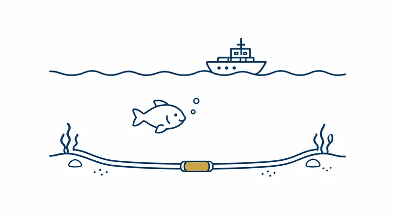 海の底を通るケーブルと、その上を行く船の絵