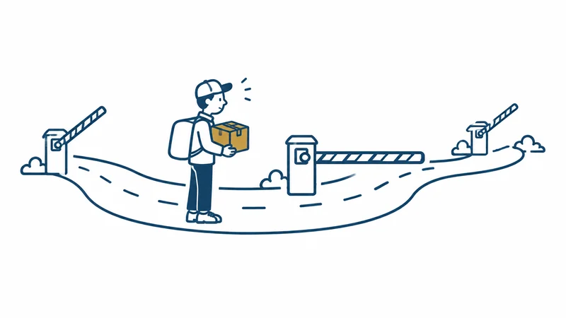 荷物を運ぶ人が、いくつもある関所の1つで足止めされる絵