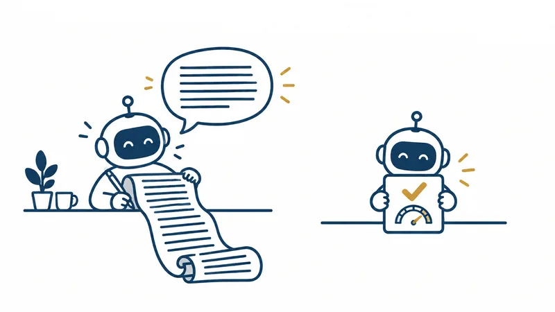 左では長い巻物の手紙を書くロボット、右では大きなチェックの札とメーターだけを掲げるロボットの絵