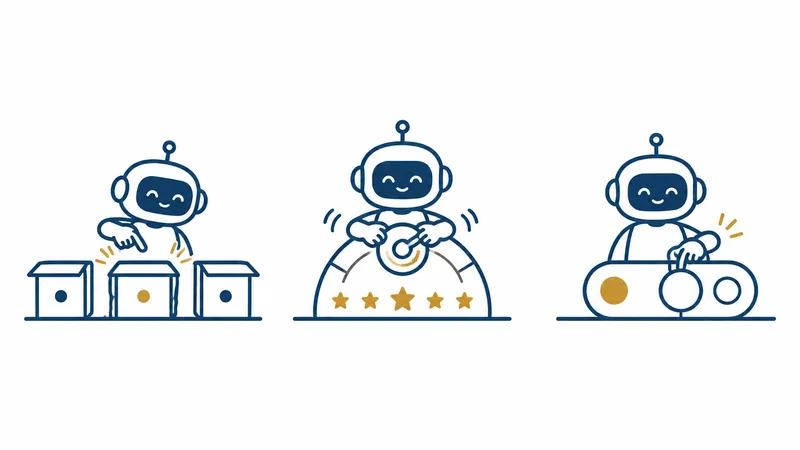 3つのこまに同じロボット。箱を1つ選ぶ、星の目盛りを回す、はい・いいえのスイッチを切り替える絵