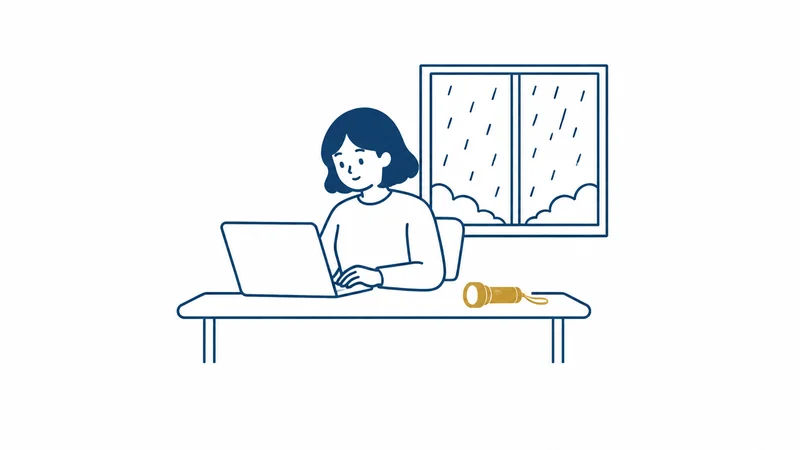 窓の外は大雨、ノートパソコンで落ち着いて仕事を続ける人の絵