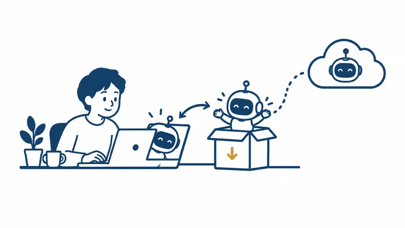 雲から届いた箱からロボットが飛び出し、机のノートパソコンに入っていく絵