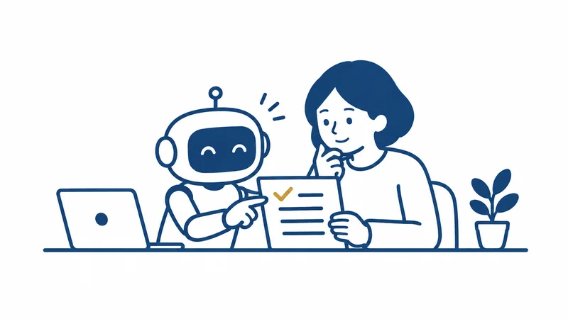 女性とロボットが、仕事を始める前に一緒に書類を確かめている絵