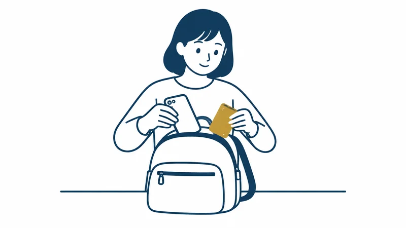 スマホと予備のバッテリーを防災袋に入れて備える人の絵