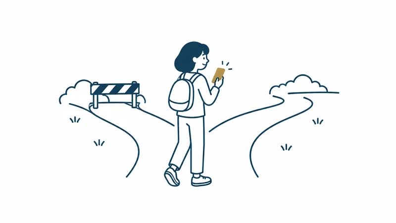 道の一つが通れず、もう一つの道を選んで進む人の絵