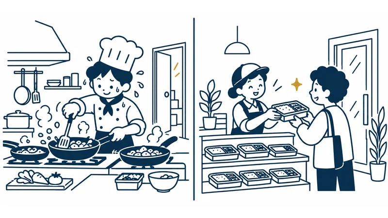 左は火のついたコンロでたくさんの鍋を動かす料理人と、少し開いた裏口。右は表の入口ひとつだけのお店で、棚から作り置きの箱を手渡す店員さんの絵