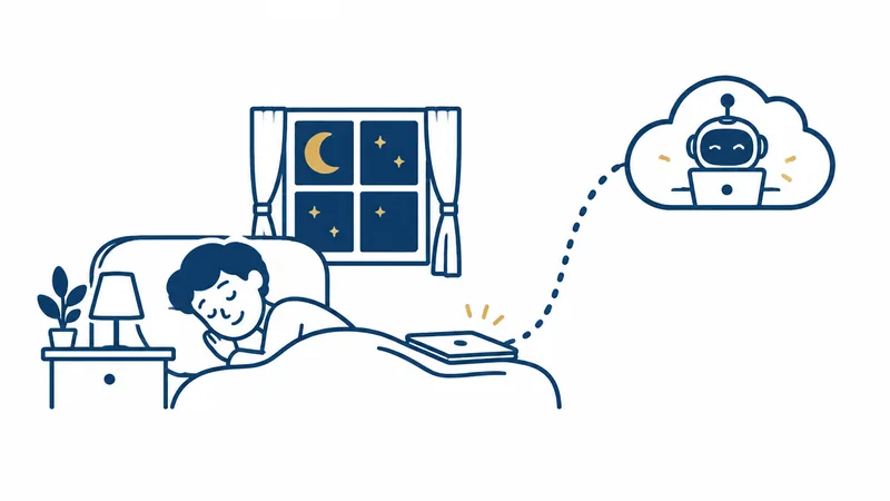 人が月の見える部屋で眠っている間も、雲の形のパソコンの中で丸い手伝い役が働き続けている絵