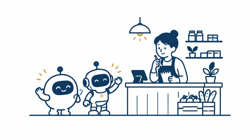 丸い手伝い役と小さなロボットが並んで手をふり、お店のカウンターで店主がノートを手に考えている絵