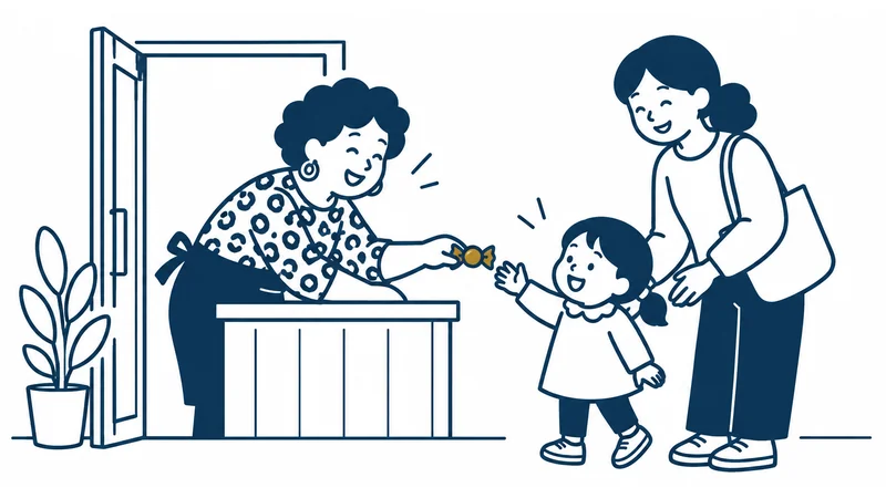 くるくるのパーマにヒョウ柄の服の女性が、お店の前で小さな子どもに金色のあめを手渡し、子どもと親が笑っている絵