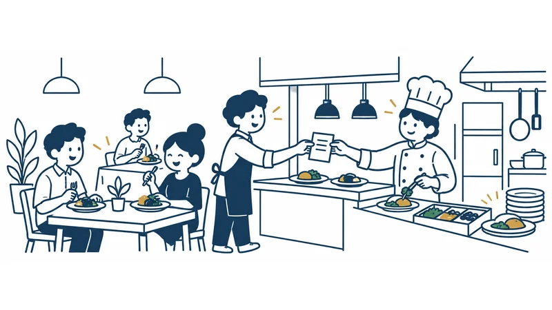 店員さんが注文の紙を料理人に渡し、料理人が材料からお皿を仕上げ、できた料理がお客さまのテーブルへ運ばれていく絵