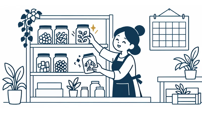 お店の人が棚から古くなったびんを取り出し、新しいびんを並べている。新しいびんには金色のきらめき。そばに数字のない壁のカレンダーがある絵