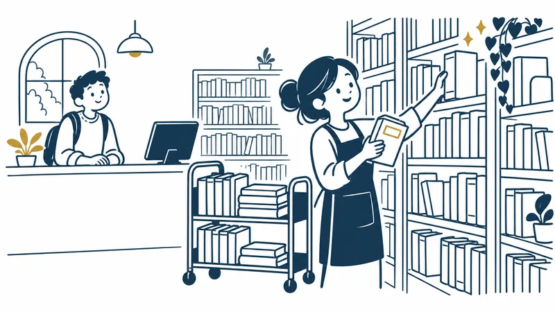 図書館の司書さんが、届いた本にラベルを貼って棚に並べ、カウンターでは来た人が待っている絵
