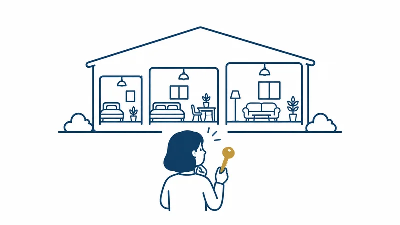 大きさの違う部屋がある建物の前で、鍵を持って選ぶ人の絵